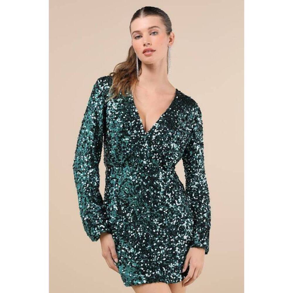 Lulus Indescribable Shine Teal Green Sequin Long Sleeve Mini Dress - Size L